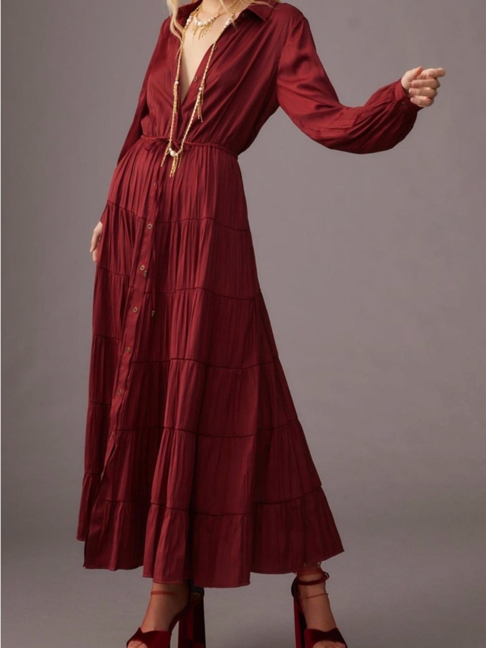 Anthropologie Long Sleeve Tiered Maxi Dress - Crimson Red - Picture 6 of 9